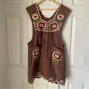 Mexican Floral Embroider Apron. Plaid. Pockets Size 38. Mandil Vibrant Cultural